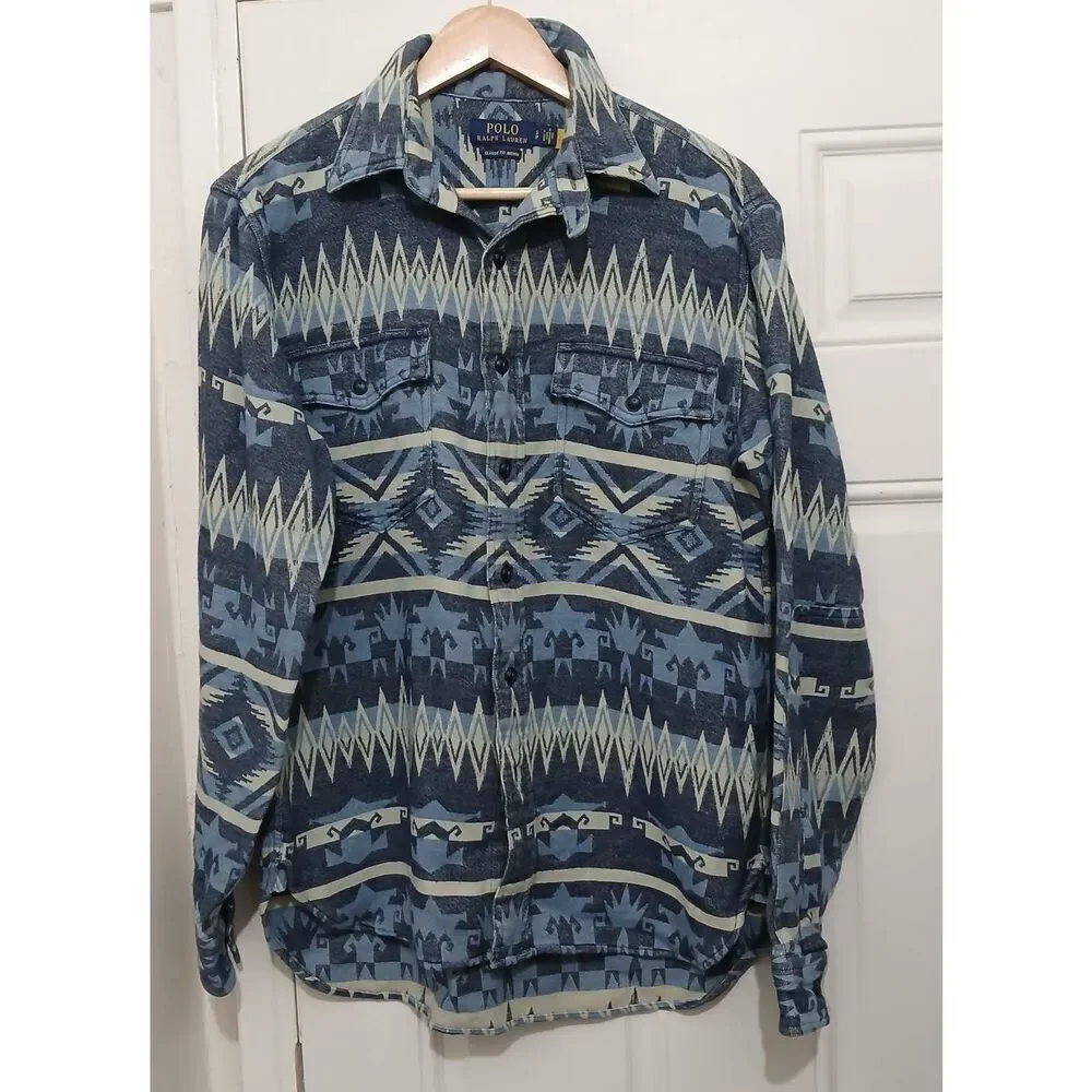 Polo ralph lauren mens small Aztec button down winter shirt western blue warm